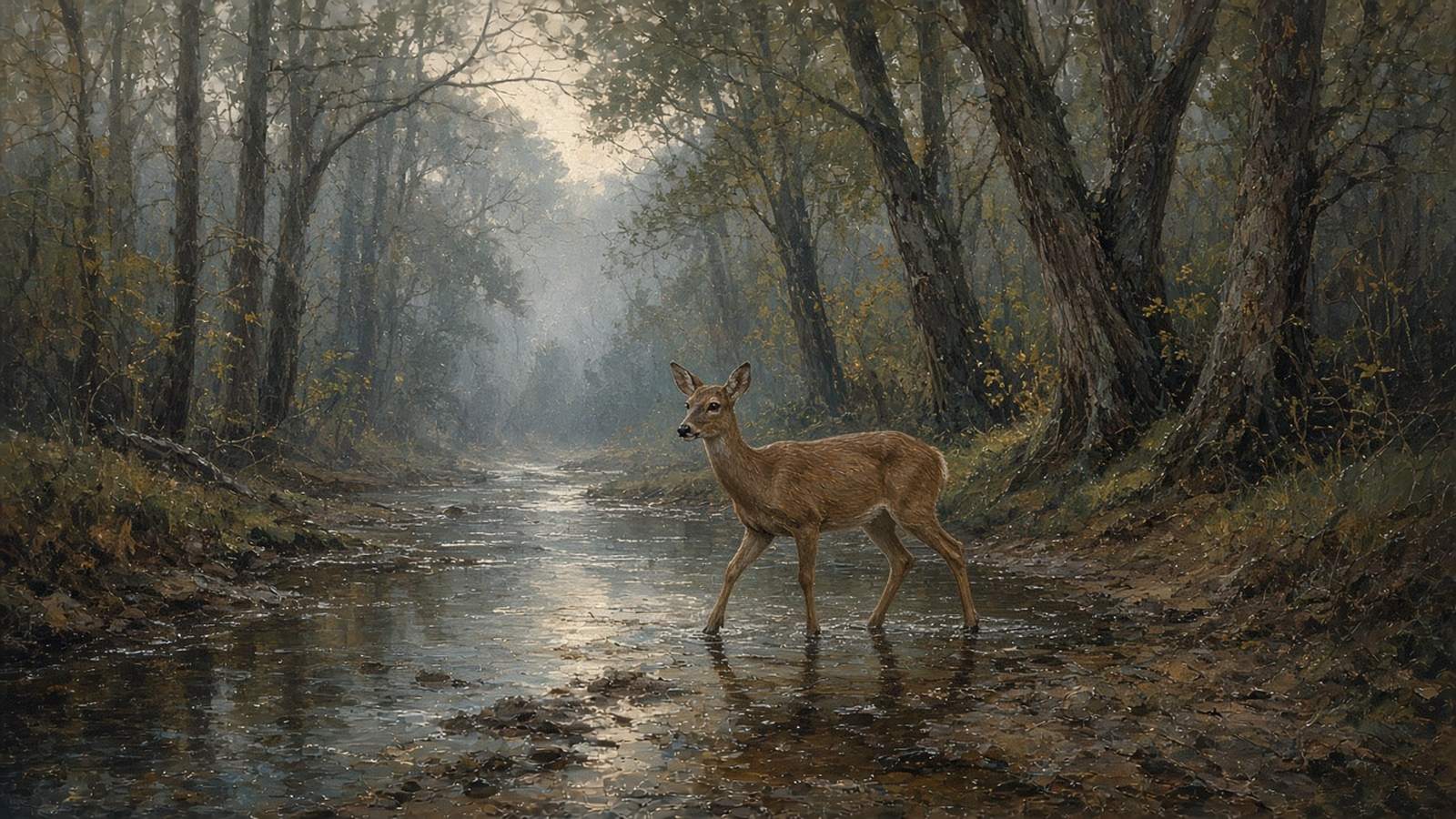 Painting of a whitetail doe crossing a creek