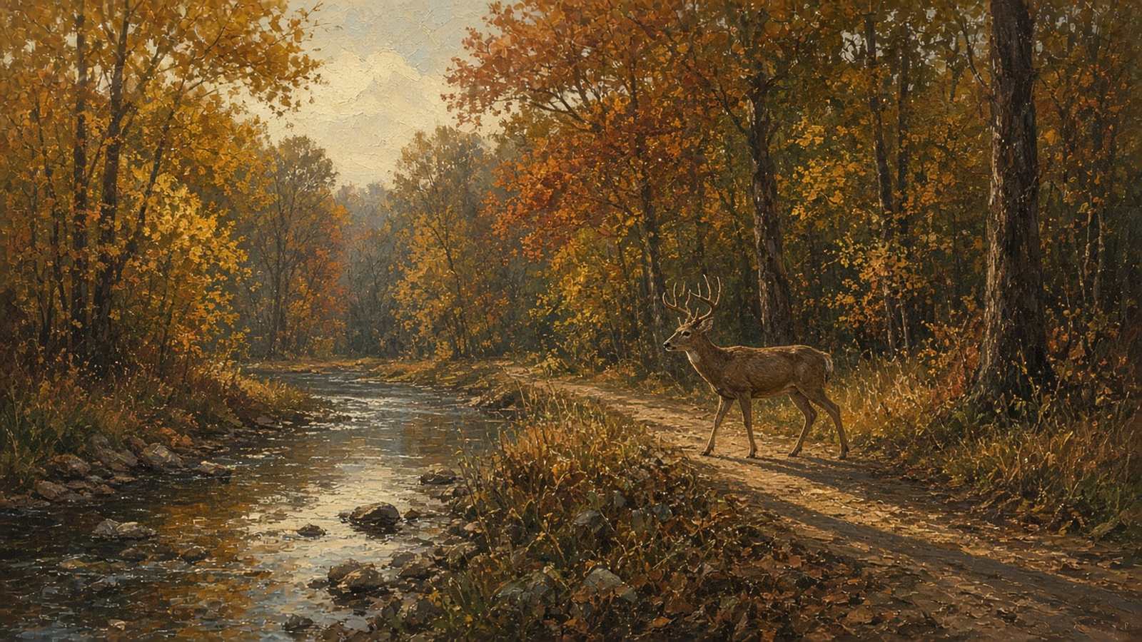 Painting of a whitetail buck walking a creek bottom trail in afternoon light