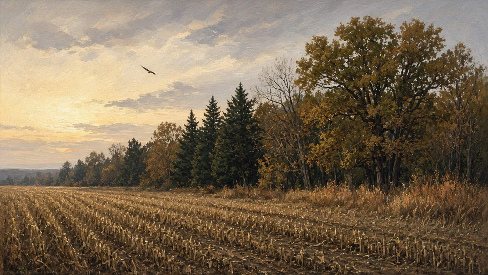 Painted harvested cornfield running to a treeline of oaks and dark pines under a golden evening sky