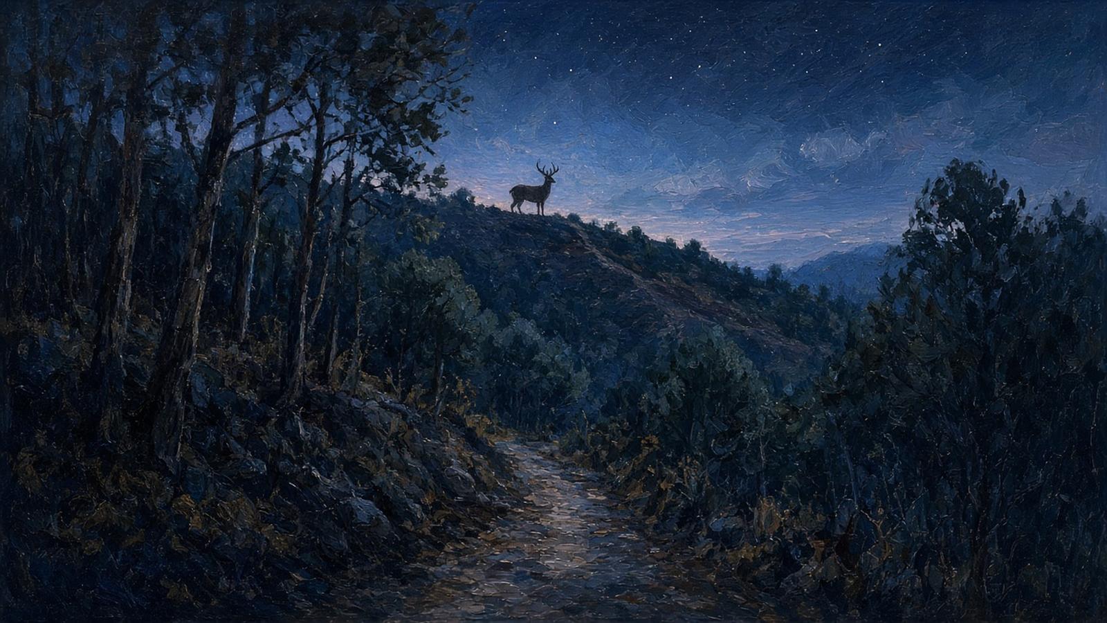 Painting of a pre-dawn trail with a whitetail buck on the ridge