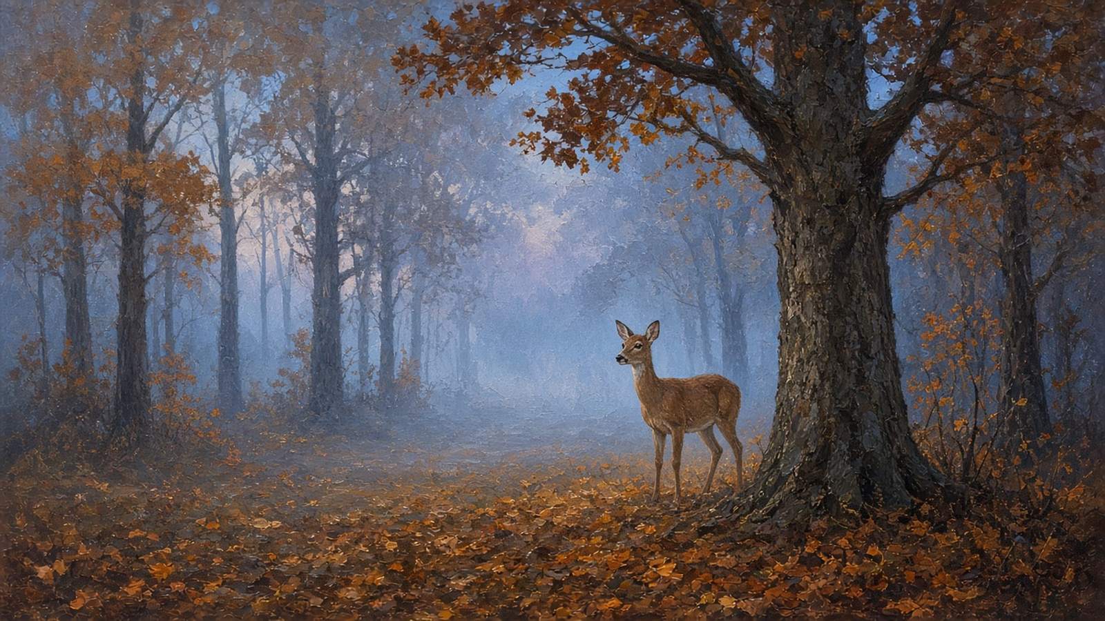 Painting of a doe beside a big oak at blue hour before dawn