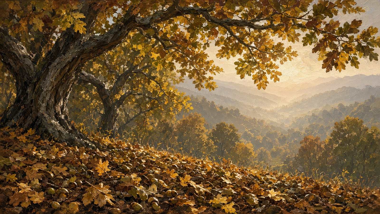 Painting of white oaks on a hillside with acorns on the ground and hazy blue ridges behind
