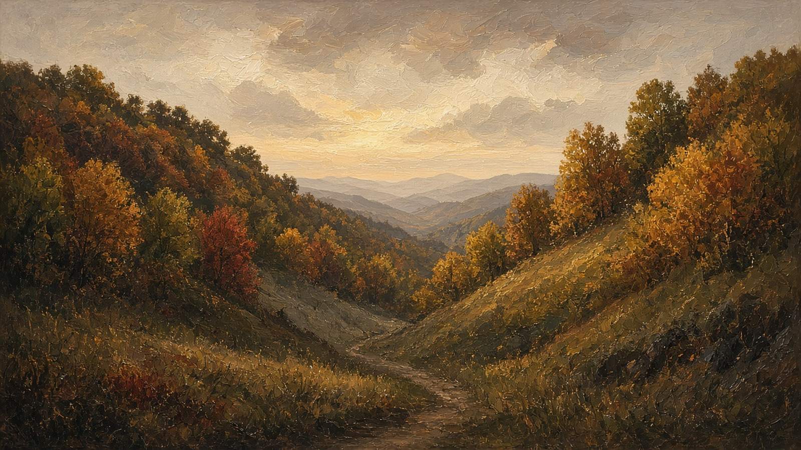 Painted autumn hollow between two wooded slopes, a faint path leading toward distant hazy ridges
