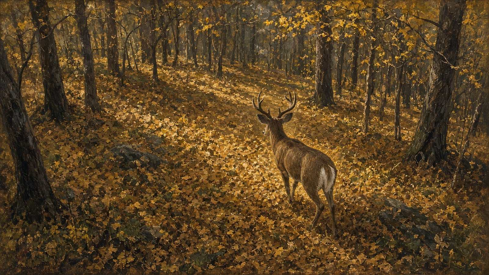 Painting looking down from a tree at a whitetail buck quartering away through golden autumn hardwoods