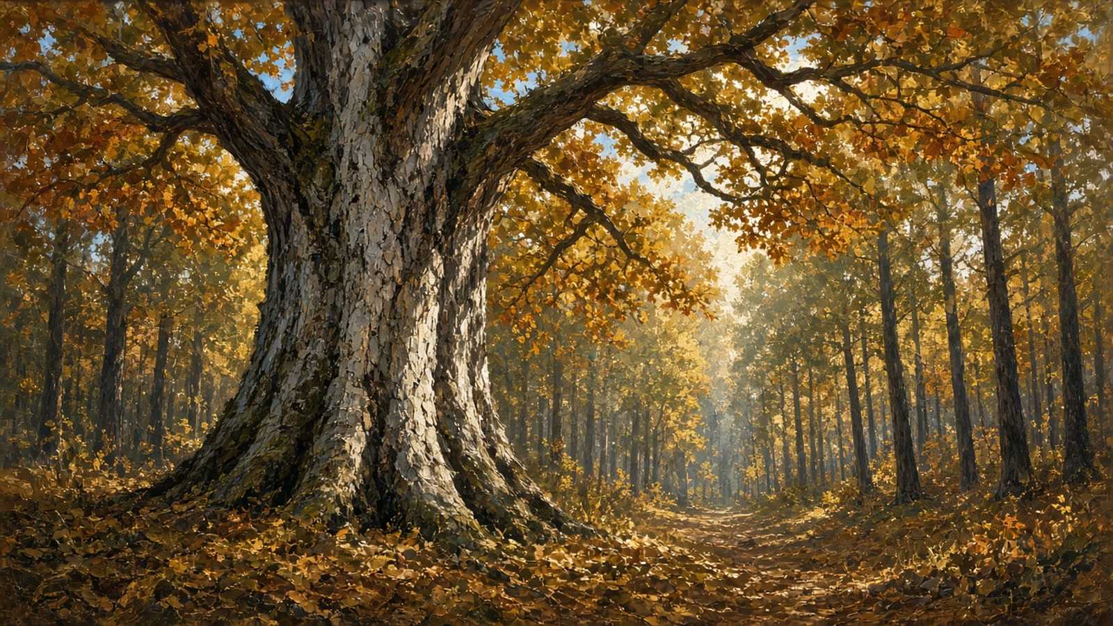 Painting of a big oak tree glowing in fall sunlight