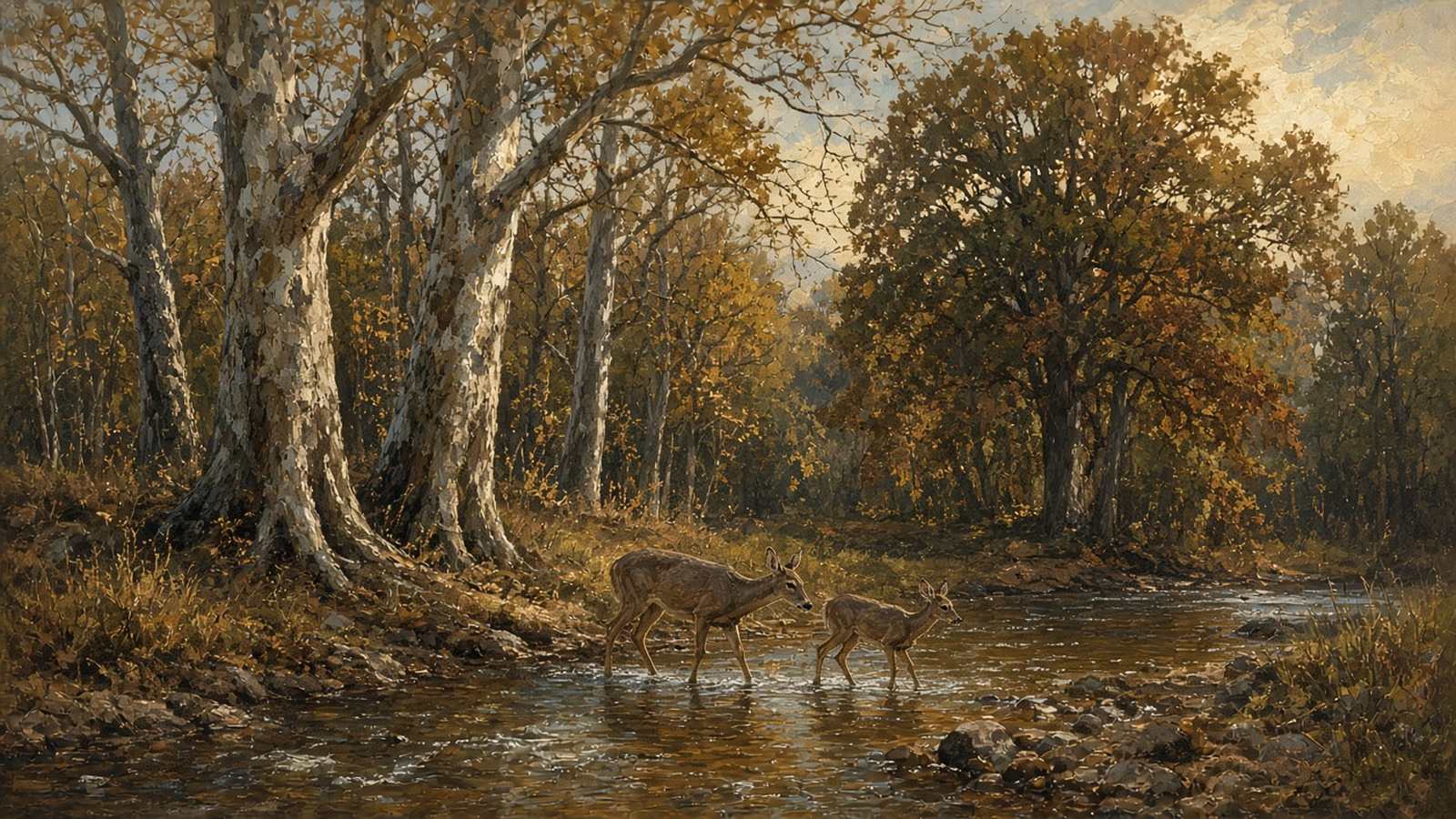 Painting of a doe and her yearling crossing a shallow creek under tall sycamores