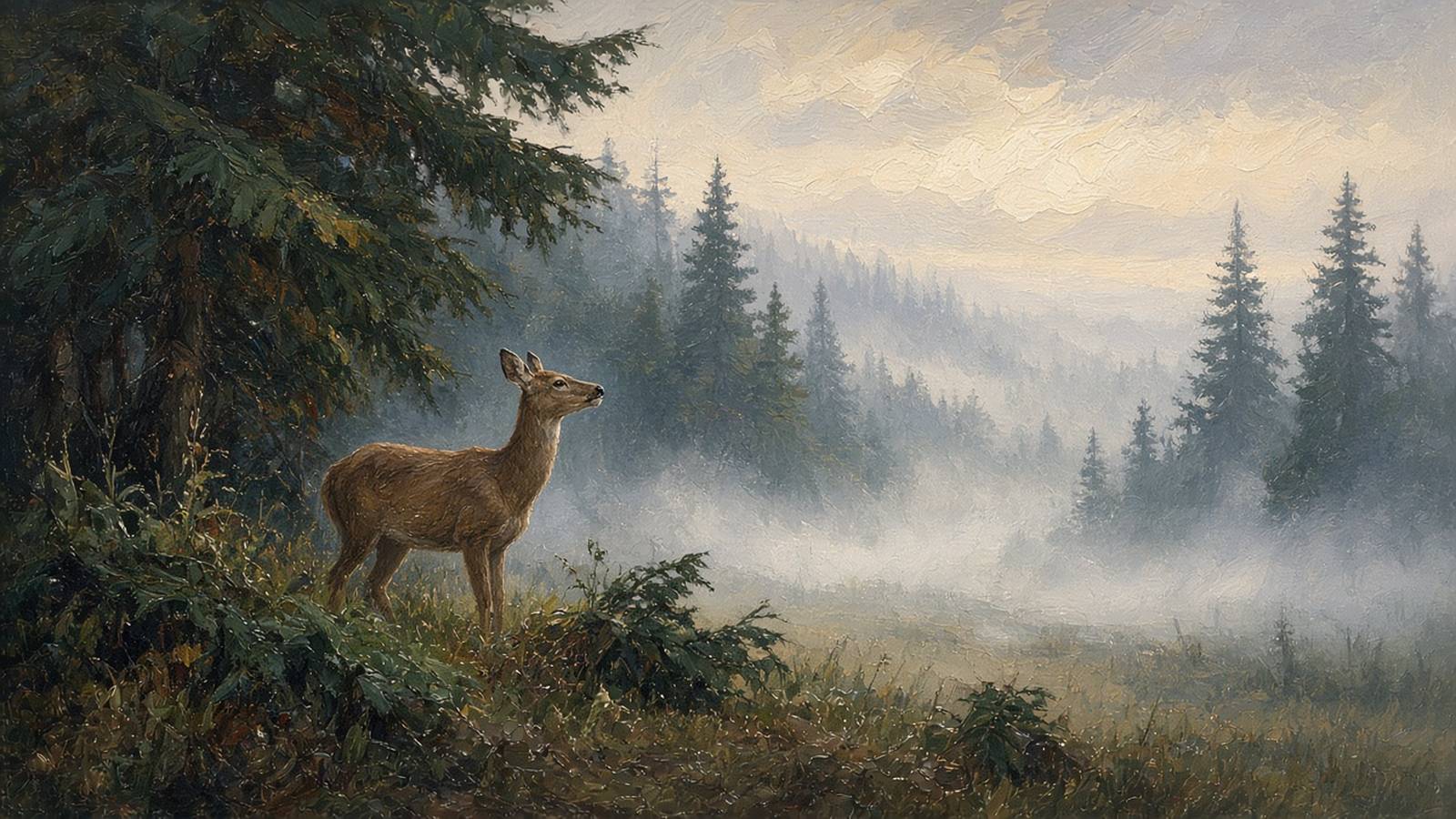Painting of a whitetail doe scenting the air beside misty conifers