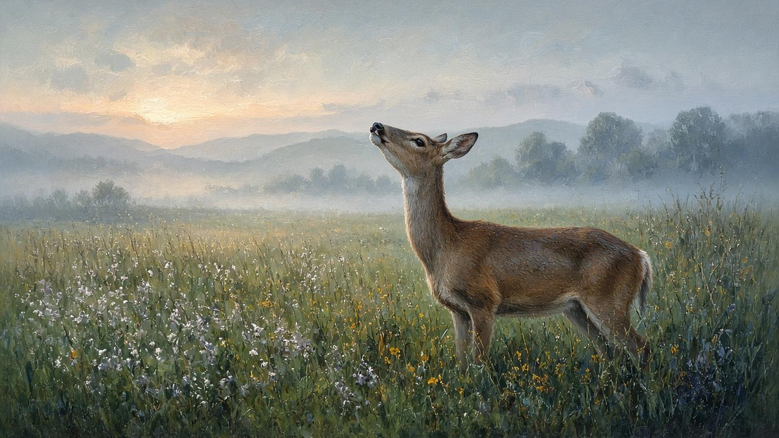 Painting of a doe scenting the air in a misty meadow