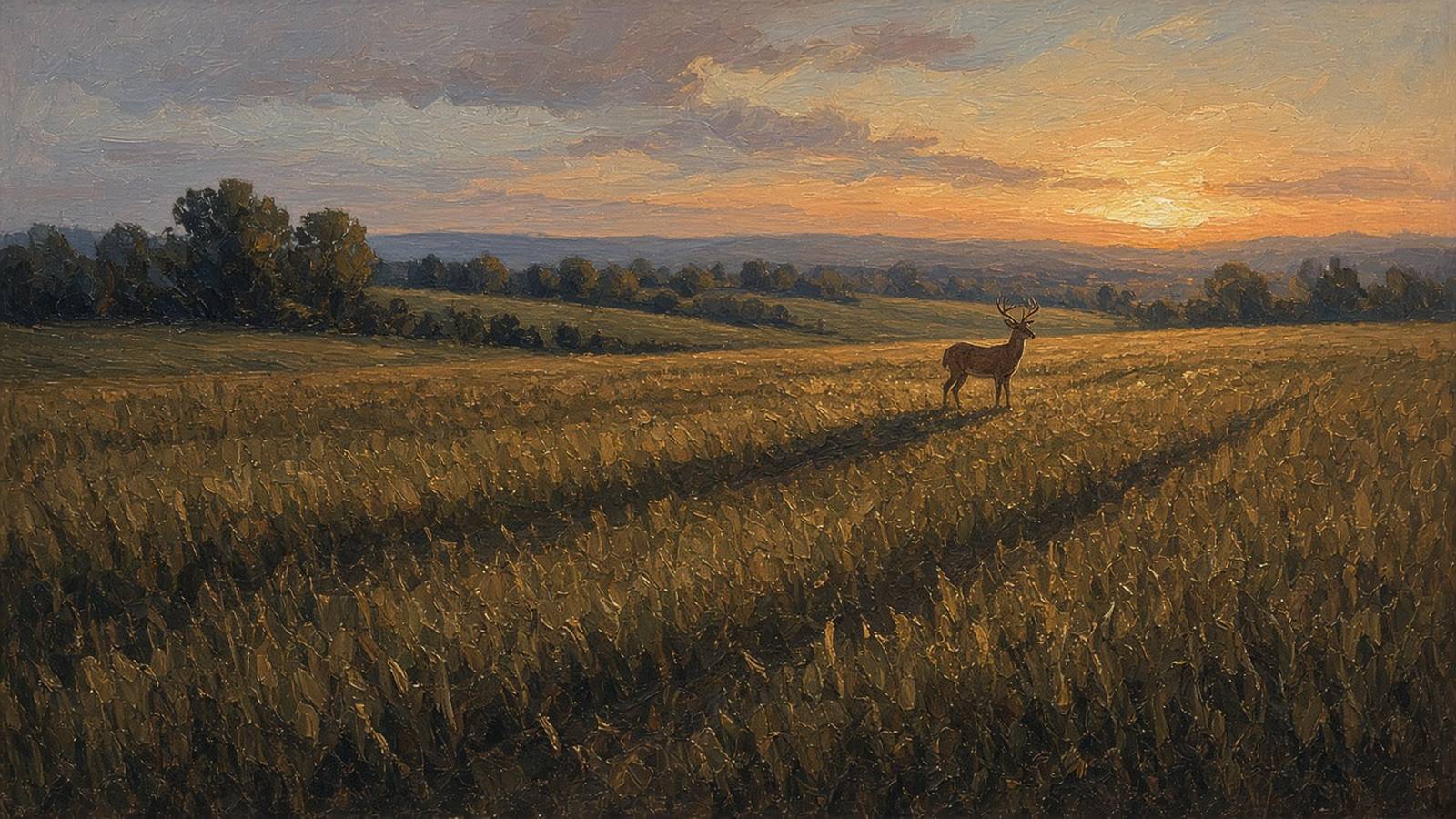 Painting of a whitetail buck far out in a field at sunset