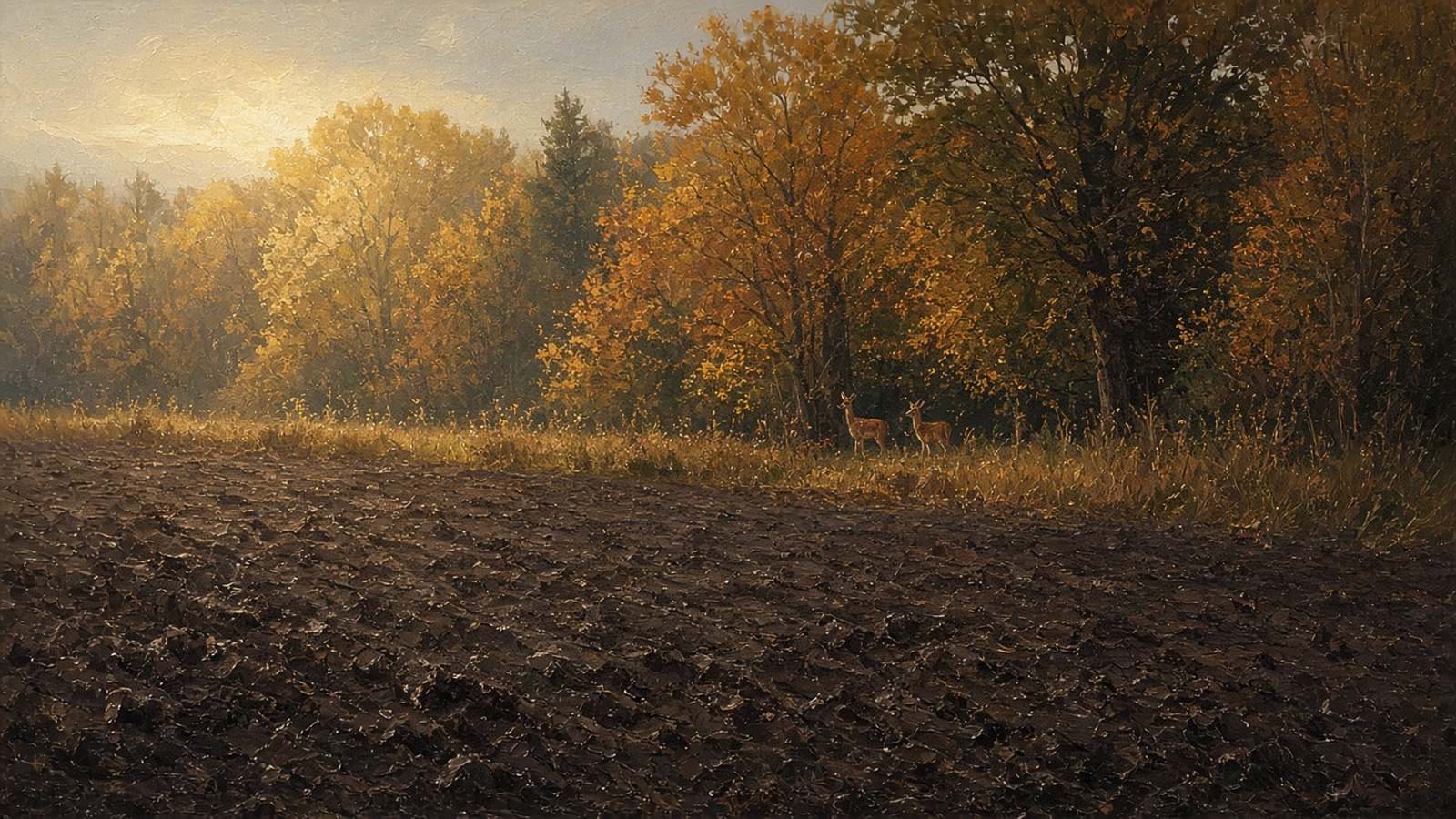Painting of two whitetail deer at the edge of a freshly worked field