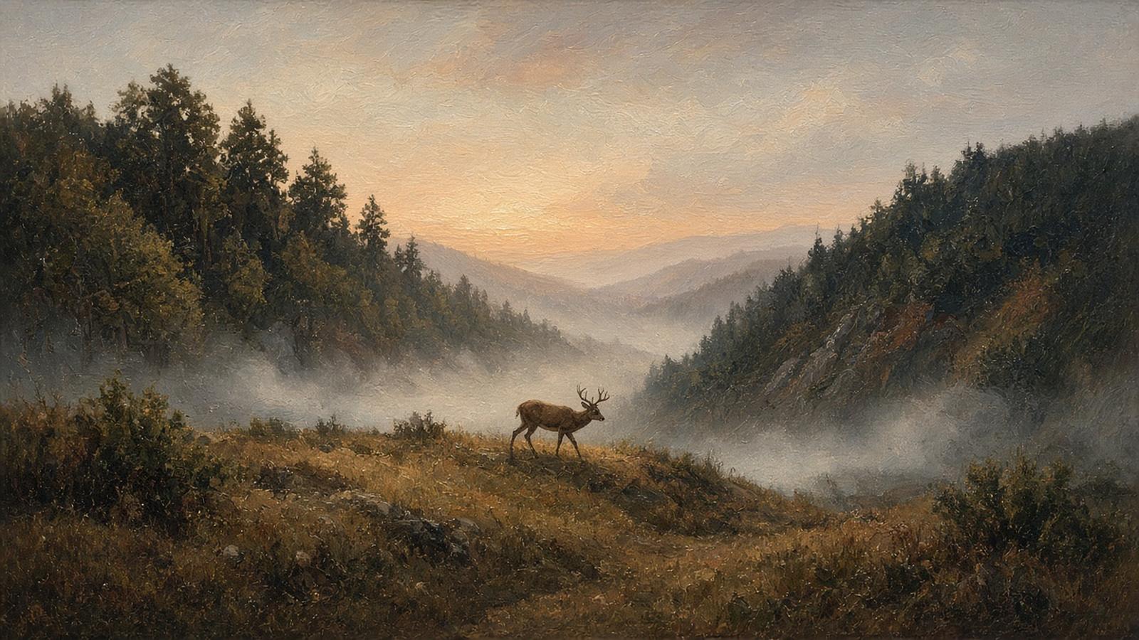 Painting of a whitetail buck crossing a low gap between misty hills