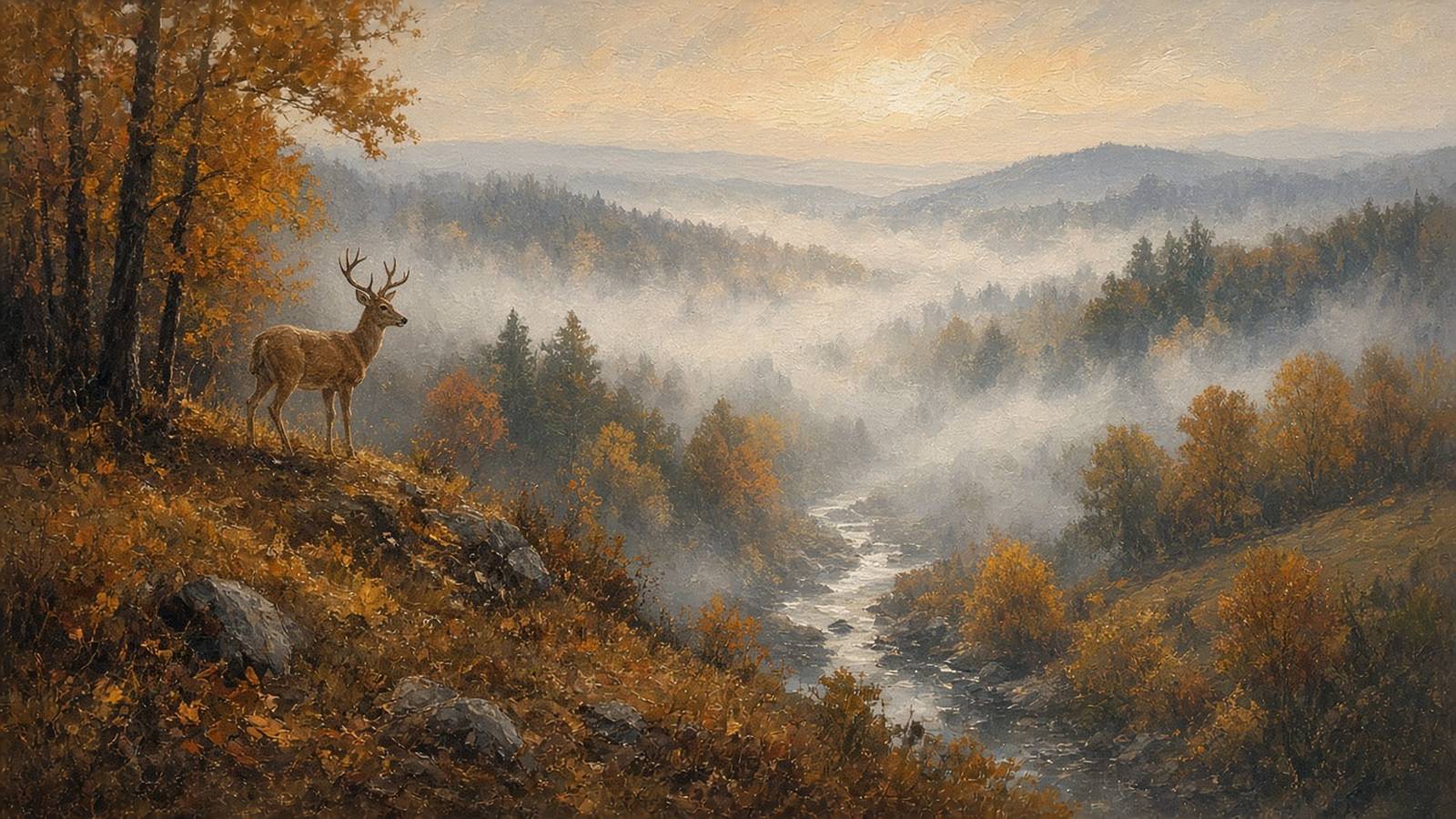Painting of a whitetail buck on a hillside above a foggy creek valley