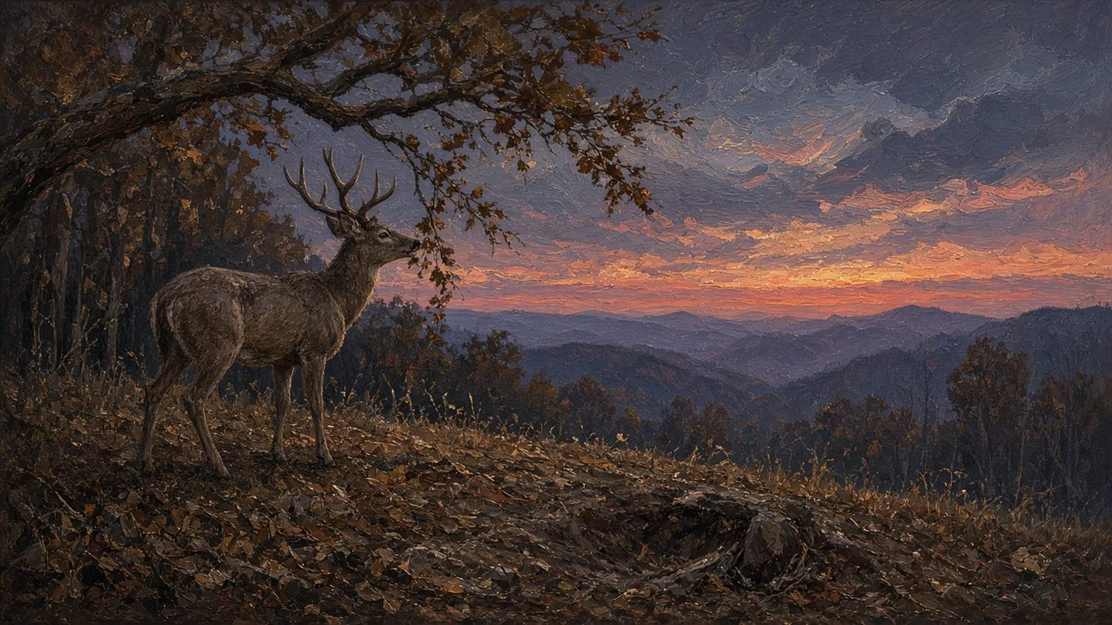 Painting of a whitetail buck at a licking branch on a ridge at dusk