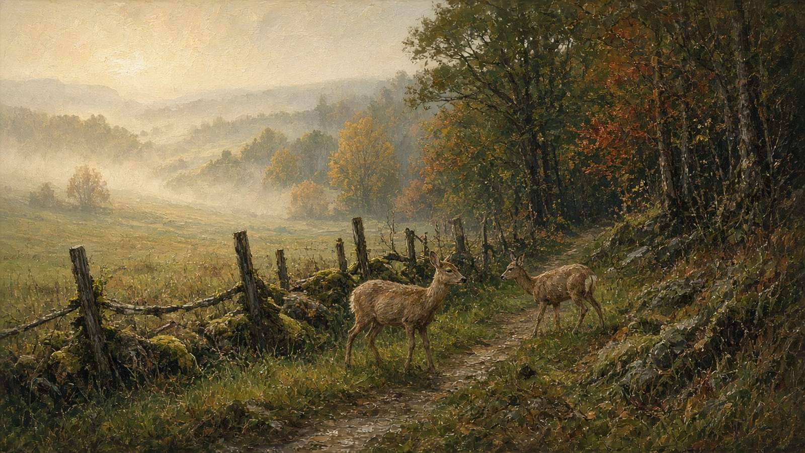 Painting of two whitetail does crossing a fence-line trail