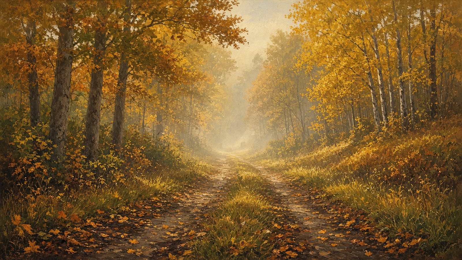 Painted fall logging road of twin dirt tracks leading through golden hardwoods into soft morning light