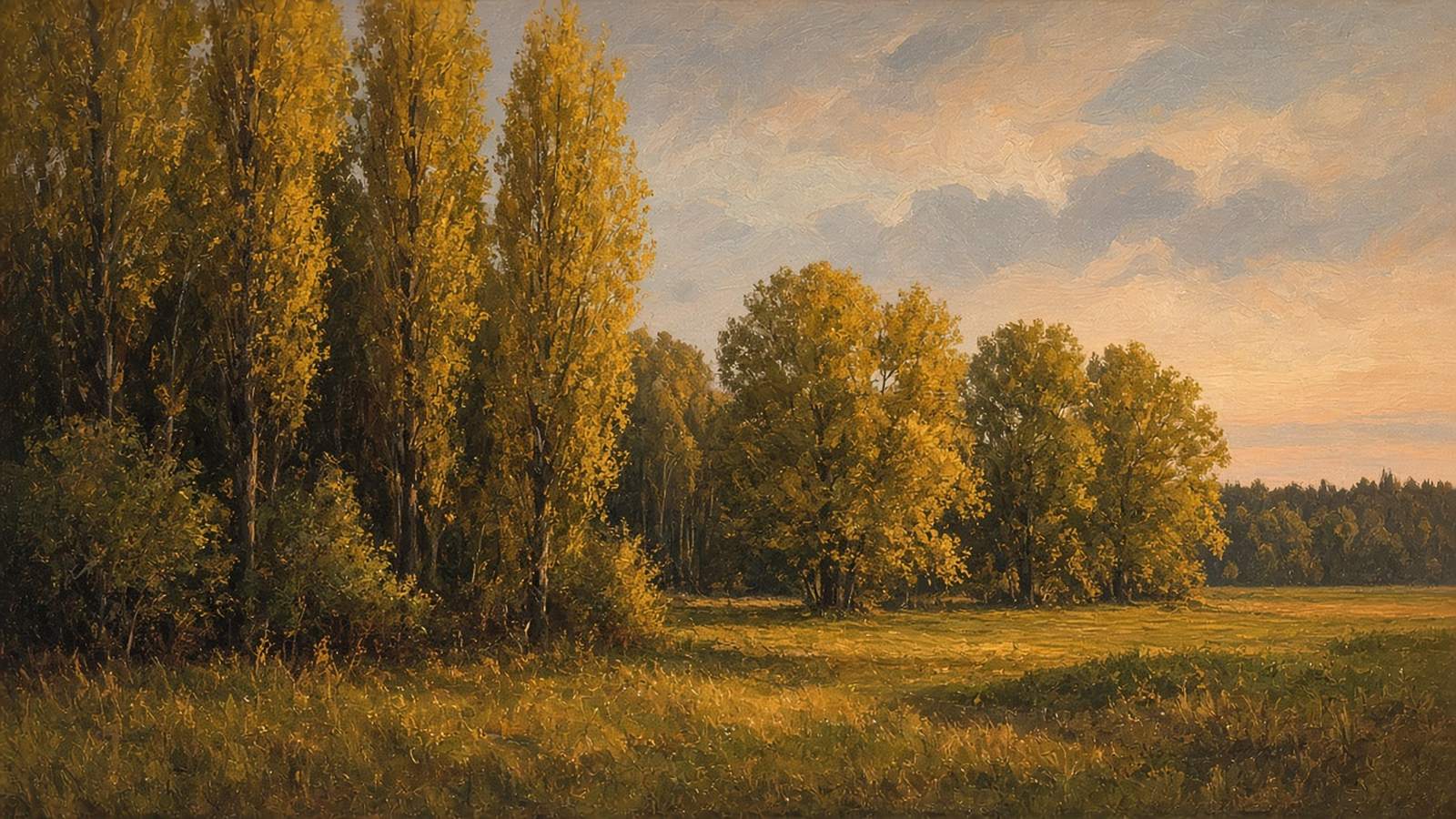 Painted golden poplars and round yellow trees at the edge of a quiet meadow under a cloudy evening sky