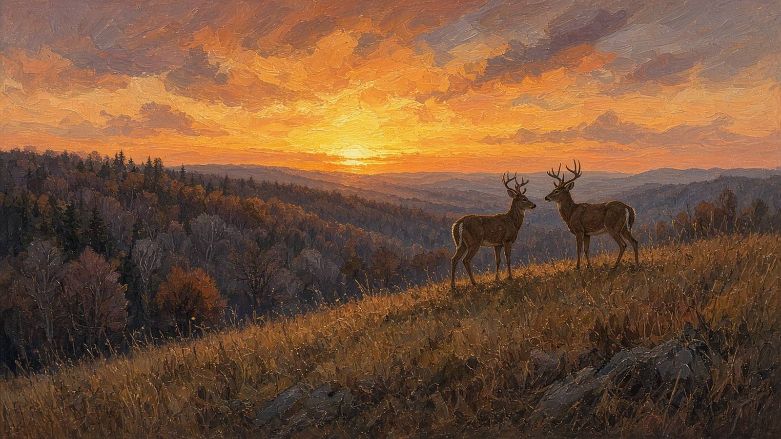 Painting of two bucks sparring on a ridge crest against a fiery orange sunset over forested hills