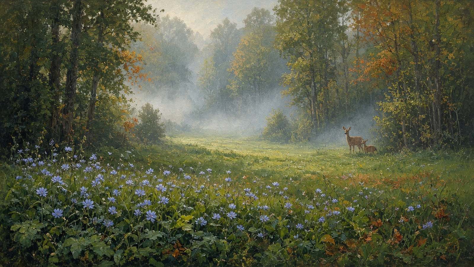 Painting of a doe and fawn in a misty green clearing ringed by trees, wildflowers in the foreground