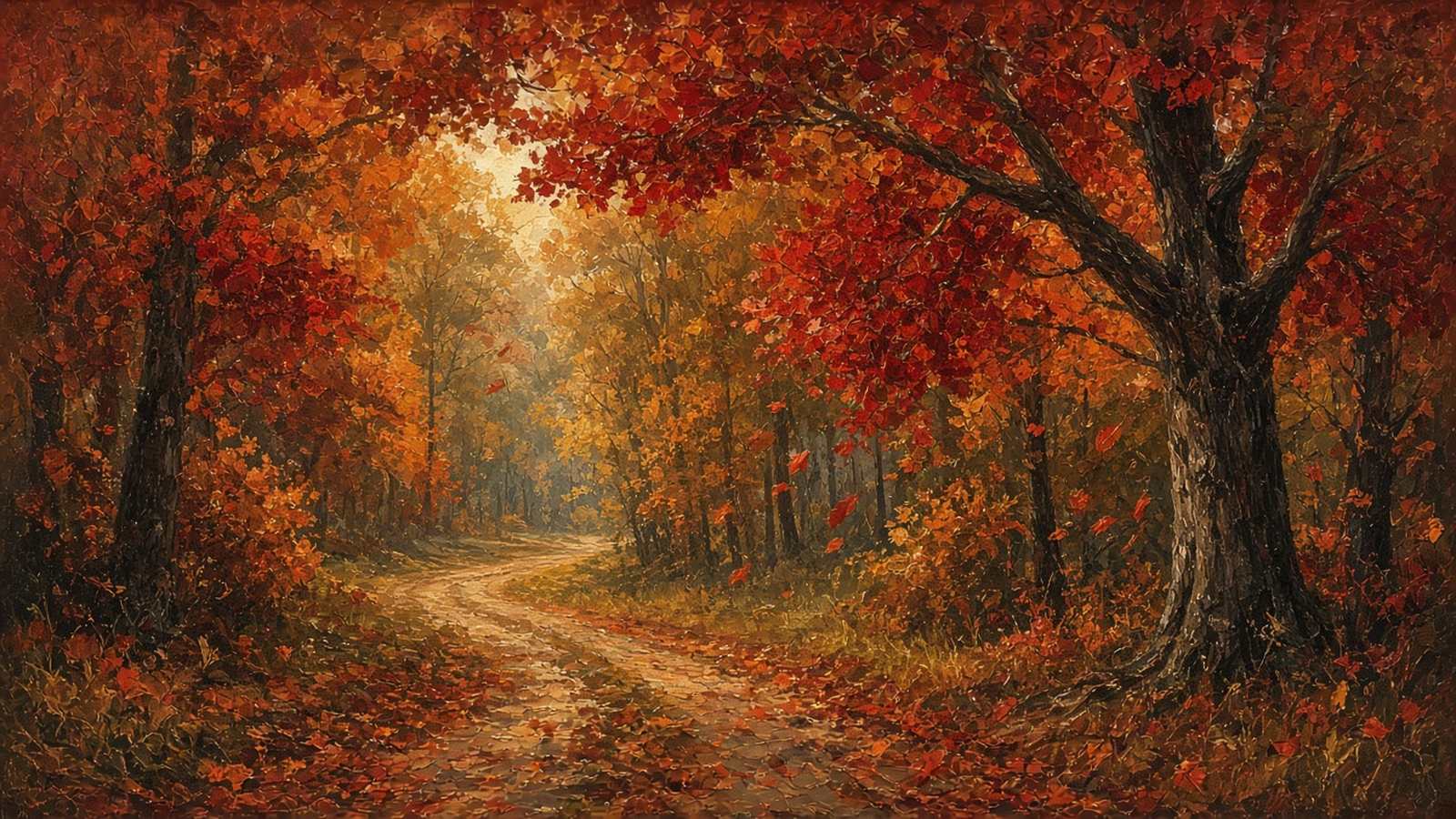 Painted dirt road winding through brilliant red and orange fall maples
