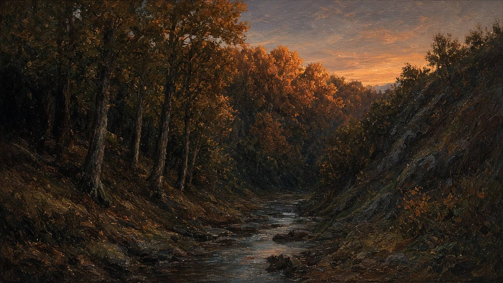 Painted creek bottom at dusk, a dark stream winding between steep wooded banks