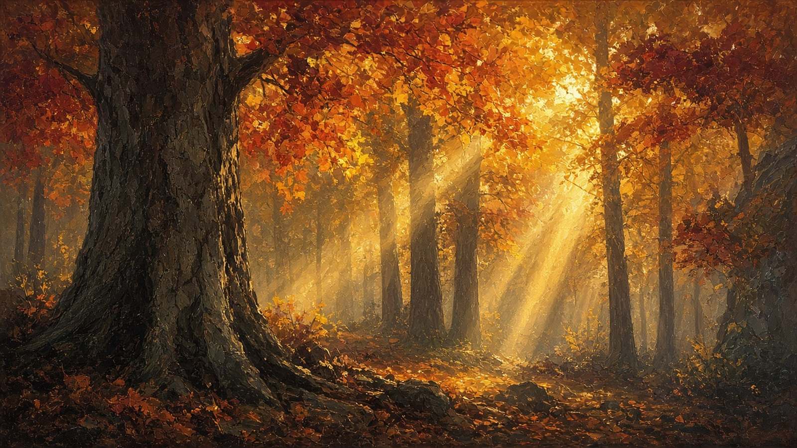 Painted giant oak trunk in a fiery autumn forest with sunbeams streaming through the canopy