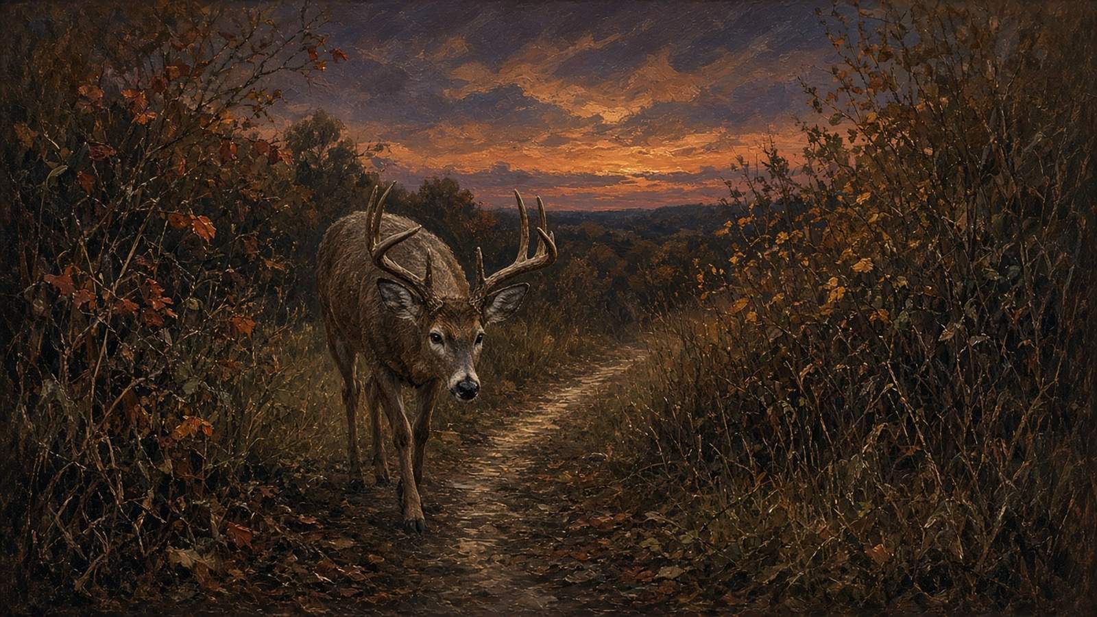 Painting of a whitetail buck walking a narrow game trail through autumn brush at dusk