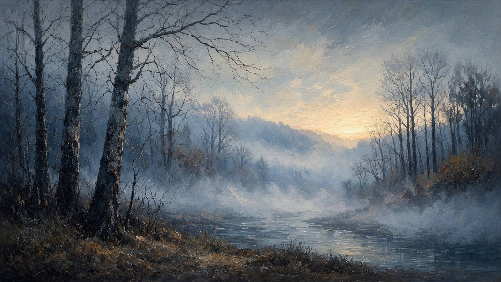 Painted fog rolling off a still river through birches and bare trees in cold blue morning light